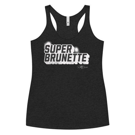 Women’s vintage black racerback tank top with bold black “SUPER BRUNETTE” in Univercity font block comic-style font with halftone detail, featuring the RedBlonde logo signature beneath the design.