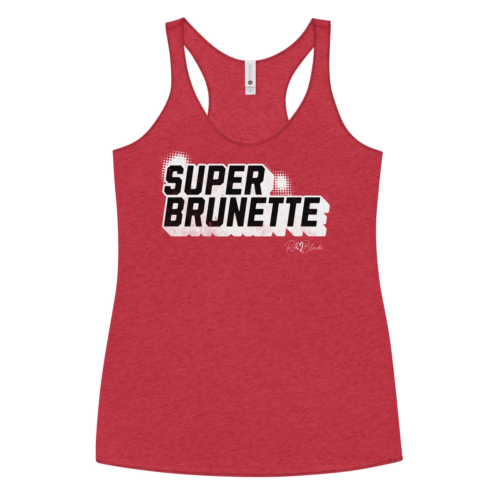 Women’s vintage red racerback tank top with bold black “SUPER BRUNETTE” in Univercity font block comic-style font with halftone detail, featuring the RedBlonde logo signature beneath the design.