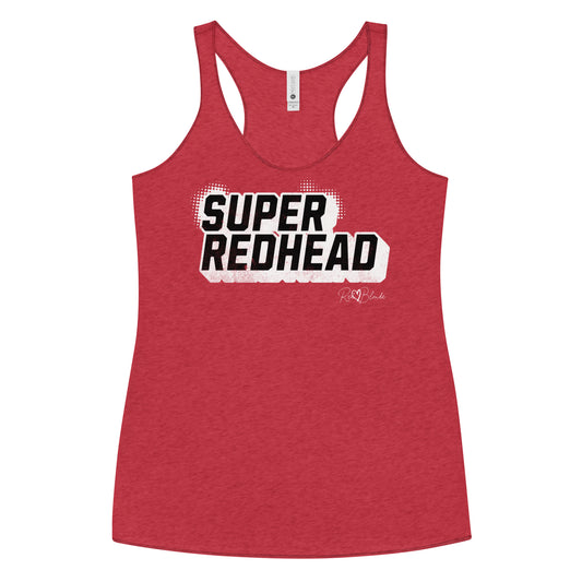 Women’s vintage red racerback tank top with bold black “SUPER REDHEAD” in Univercity font block comic-style font with halftone detail, featuring the RedBlonde logo signature beneath the design.