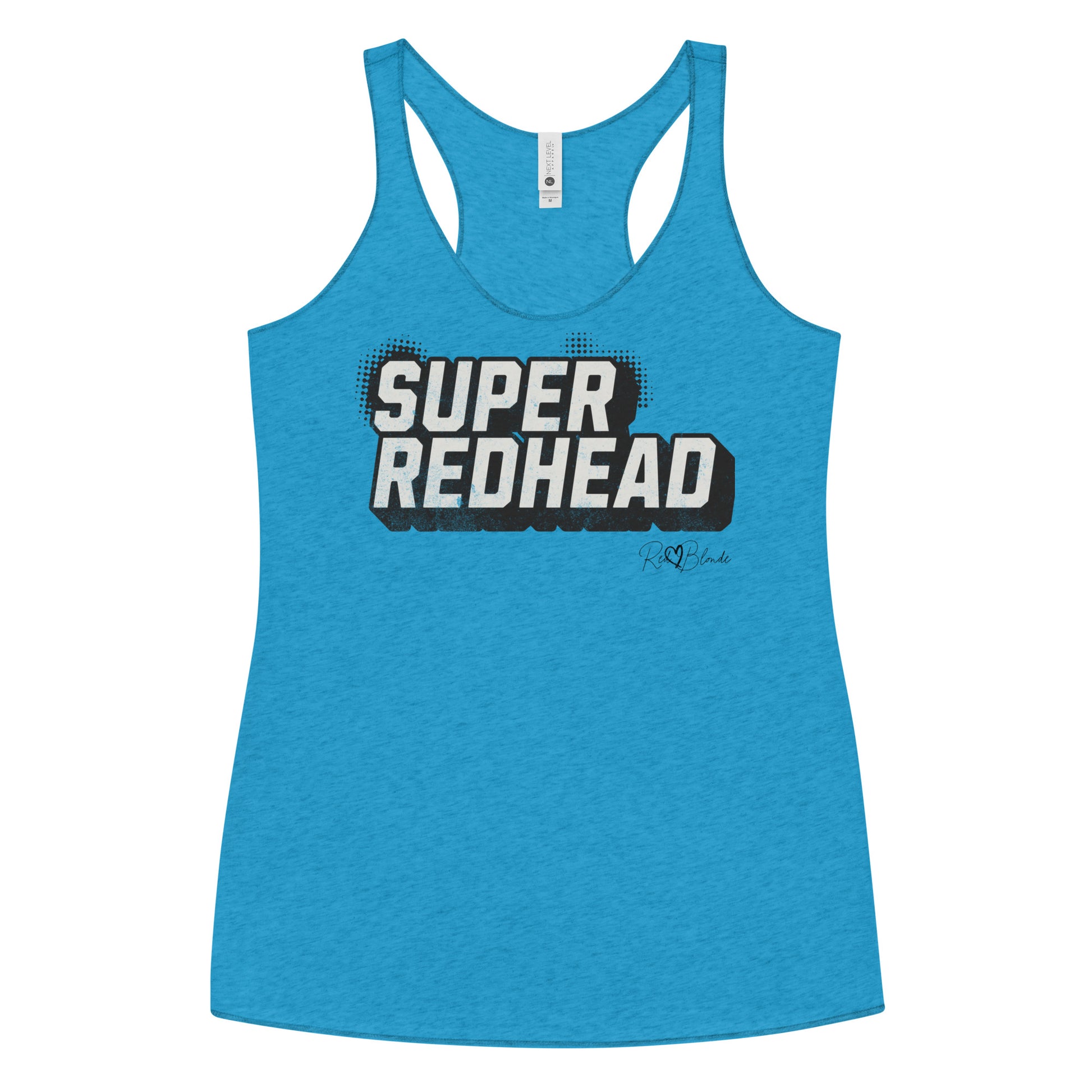 Women’s vintage turquoise racerback tank top with bold black “SUPER REDHEAD” in Univercity font block comic-style font with halftone detail, featuring the RedBlonde logo signature beneath the design.