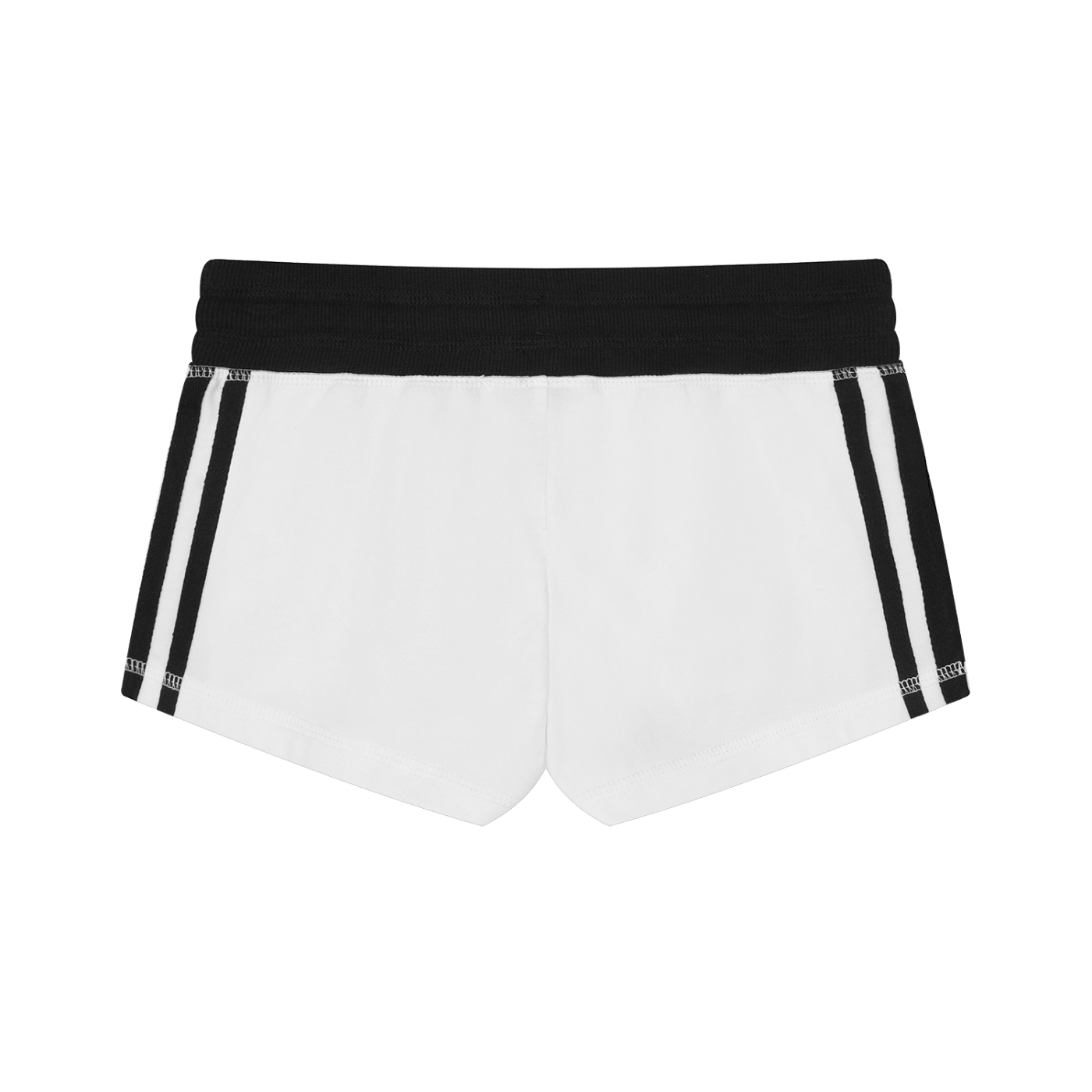 White shorts with black waistband and side stripes on a white background
