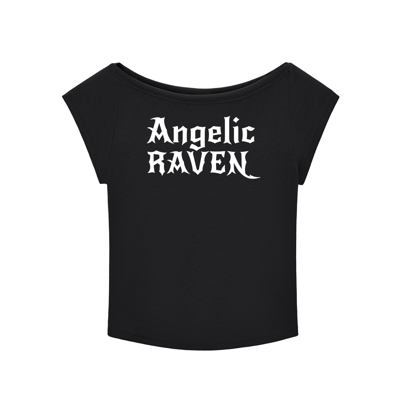 black wide-neck t-shirt with white gothic New Rockstar text reading “Angelic Raven” across the chest.