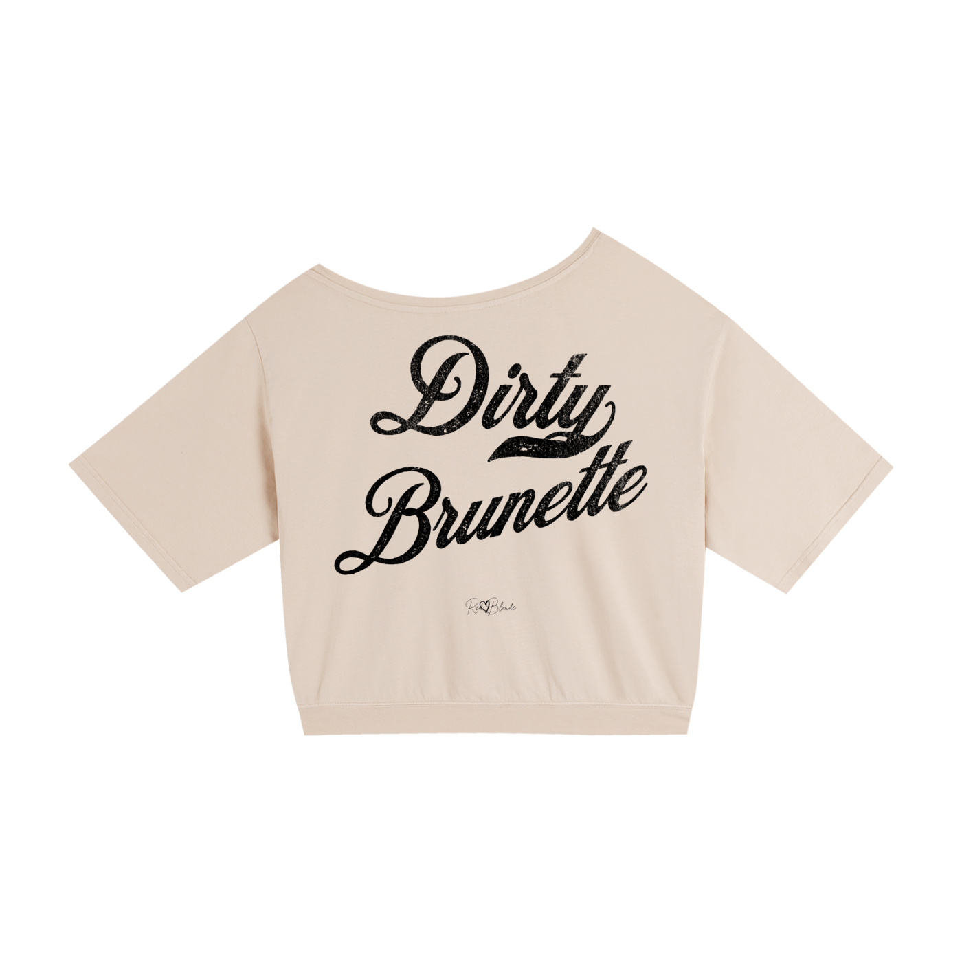 Back view of a Apricot asymmetric off-the-shoulder waist length t-shirt featuring the bold black distressed Milkstore font “Dirty Brunette” with the RedBlonde logo printed below. The relaxed, oversized fit and one-shoulder neckline give it a modern, effortless look.