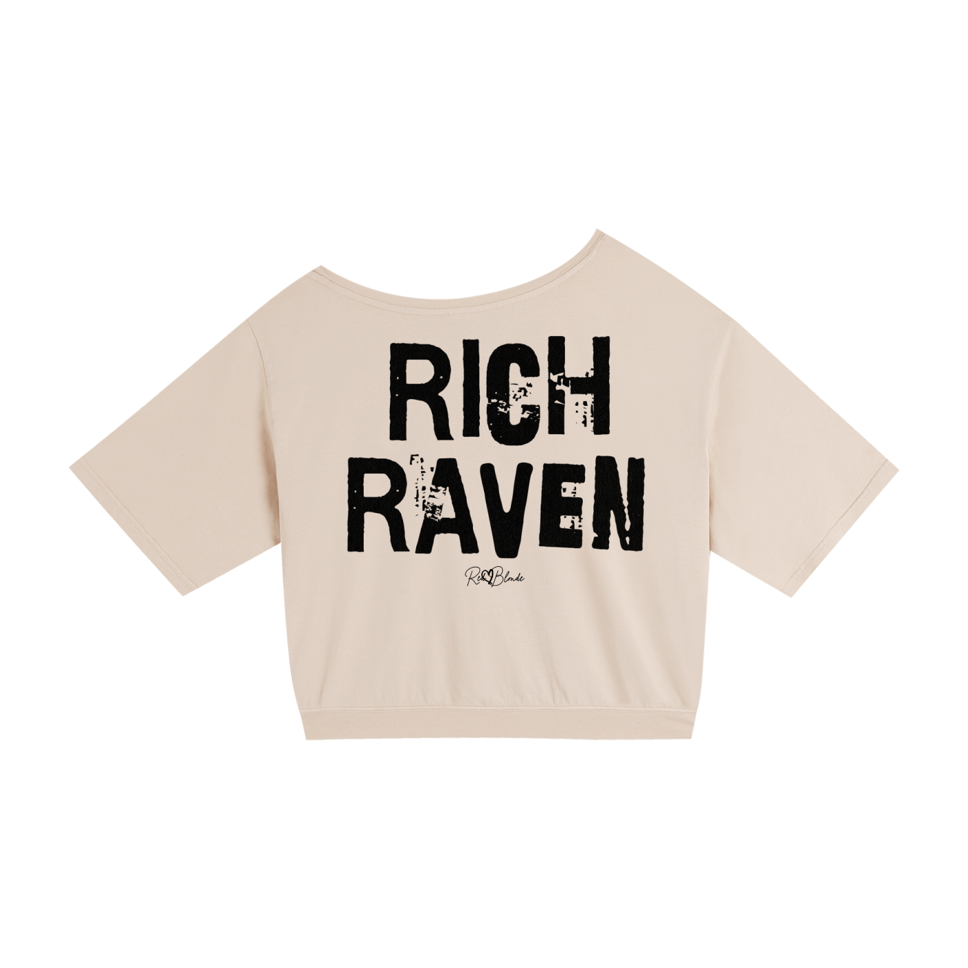 apricot asymmetrical shoulder t-shirt with bold black Ed Gein font “RICH RAVEN" slogan on the front and RedBlonde logo beneath.