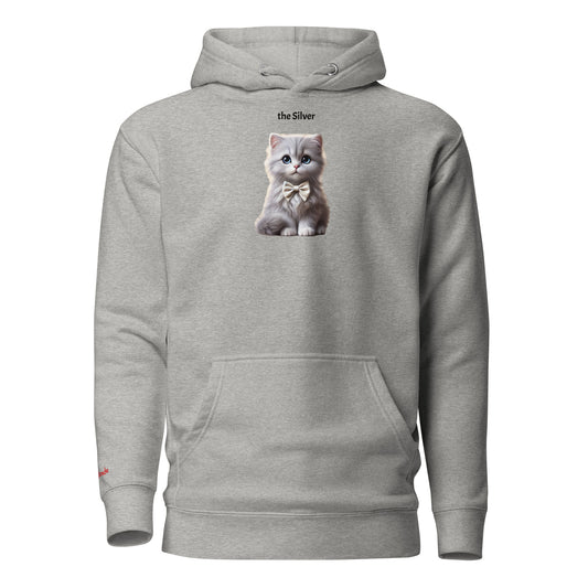 Flatlay of carbon grey relaxed fit unisex hoodie with a cute graphic of a silver kitten wearing a bow-tie and the words 'the Silver' linking to silver hair. Branded RedBlonde in red on inside neck and right cuff