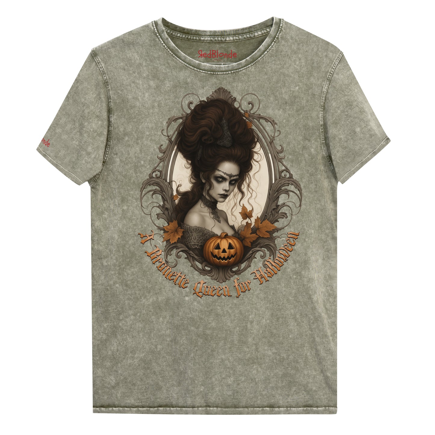 Army Green acid-wash unisex T-shirt featuring a gothic-style illustration of a dark-haired woman with an elaborate beehive hairstyle, framed by ornate scrollwork, autumn leaves, and a carved pumpkin. The design is captioned with the text ‘A Brunette Queen for Halloween’ in vintage Dark Angle lettering. Branded RedBlonde in red on inside neck and right sleeve