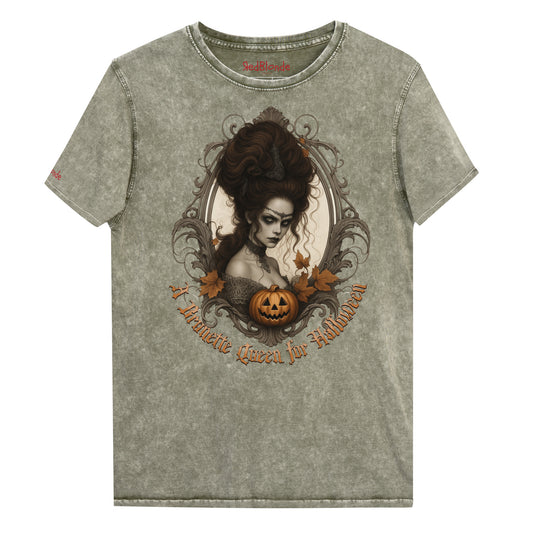 Army Green acid-wash unisex T-shirt featuring a gothic-style illustration of a dark-haired woman with an elaborate beehive hairstyle, framed by ornate scrollwork, autumn leaves, and a carved pumpkin. The design is captioned with the text ‘A Brunette Queen for Halloween’ in vintage Dark Angle lettering. Branded RedBlonde in red on inside neck and right sleeve