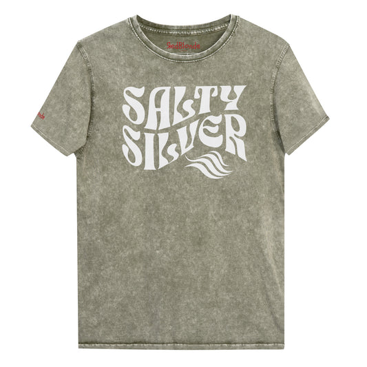 flatlay of army green denim vintage wash graphic t-shirt with the slogan 'Salty Silver' in white retro 70s wavy font. Branded RedBlonde inside neck and right shoulder in red