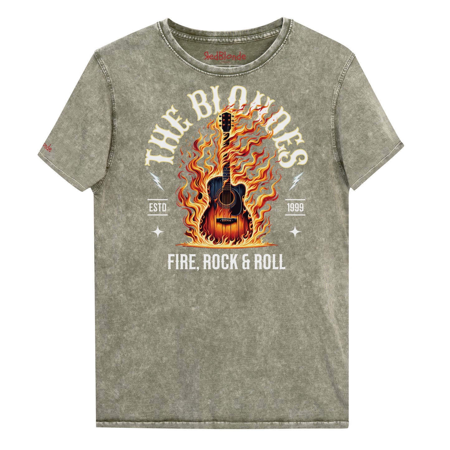 An army green denim wash unisex t-shirt with a  graphic of a wooden guitar on fire with ‘THE BLONDES’ in Sancreek font above the burning guitar and ‘FIRE, ROCK & ROLL' underneath. Branded RedBlonde London in inside neck and right sleeve.