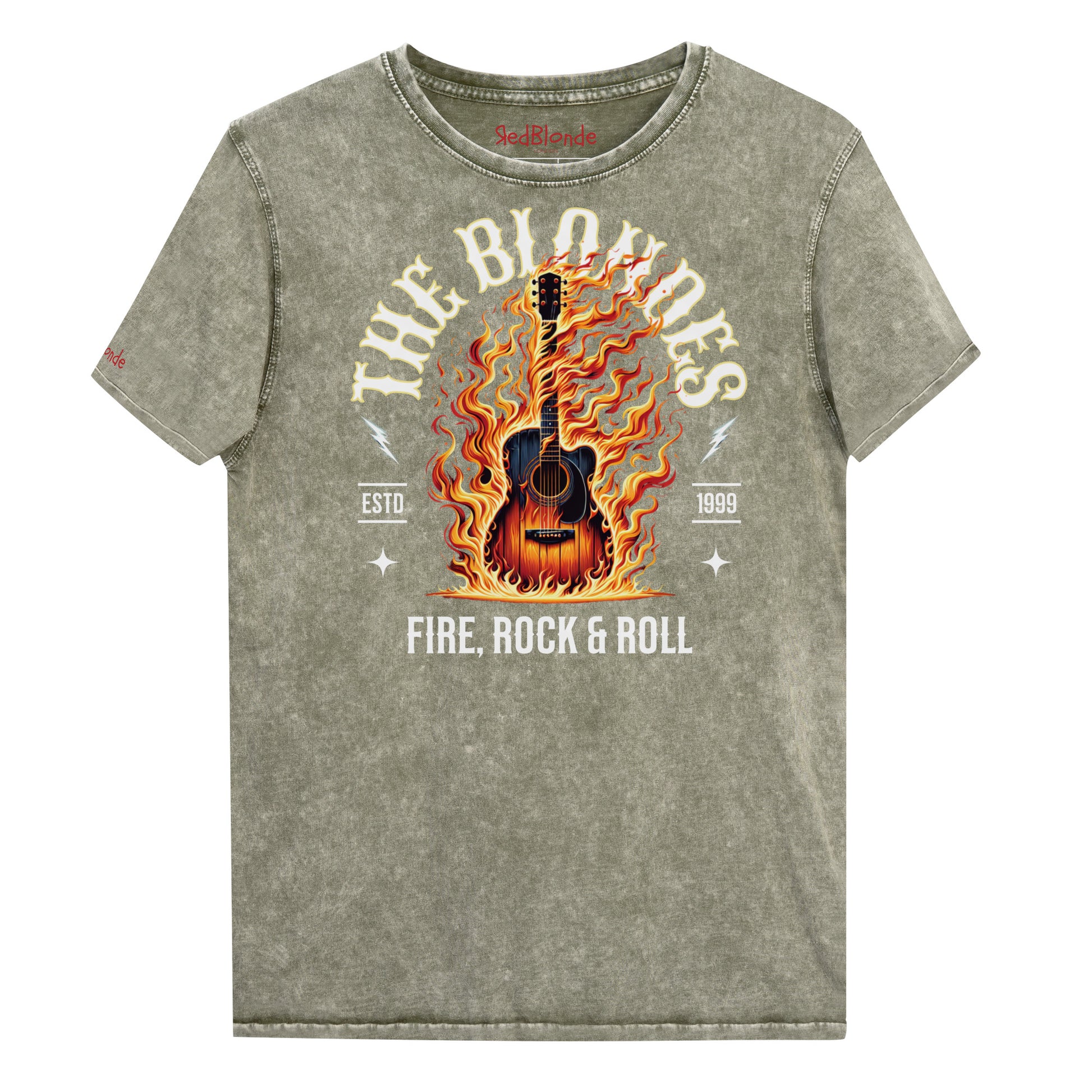 An army green denim wash unisex t-shirt with a  graphic of a wooden guitar on fire with ‘THE BLONDES’ in Sancreek font above the burning guitar and ‘FIRE, ROCK & ROLL' underneath. Branded RedBlonde London in inside neck and right sleeve.