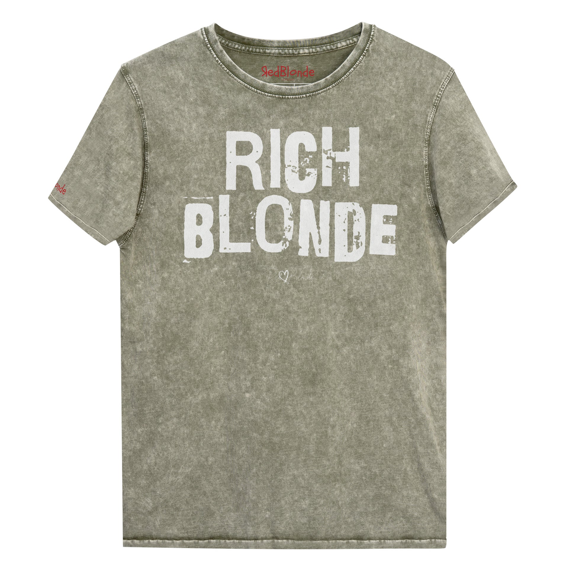 Army Green acid-wash unisex denim T-shirt with a distressed vintage look. The shirt features "RICH BLONDE" in  bold white Ed Gein font with the RedBlonde signature logo underneath.  The shirt has short sleeves, a crew neckline, and visible seam detailing for a rugged, casual style. Branded Redblonde on inside neck and right sleeve
