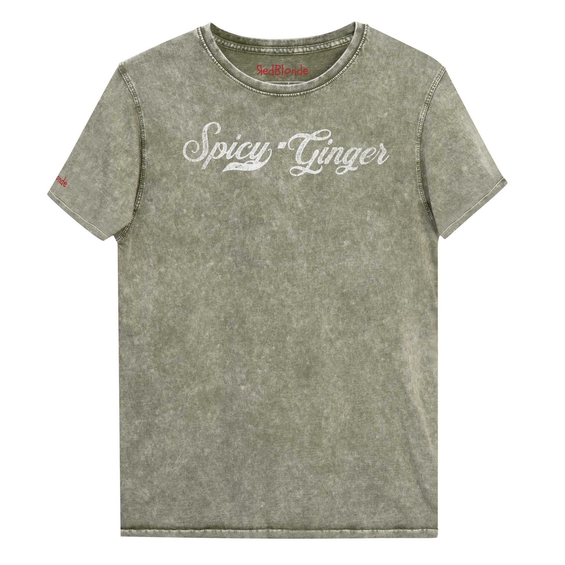 Flatlay of an army green unisex loose-fit denim wash t-shirt with vintage Coca-Cola-inspired milkstore script in white reading ‘Spicy Ginger’ on the front. Branded RedBlonde on the inside neck and right shoulder in red
