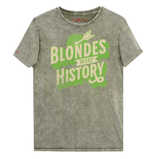 Army green acid-wash unisex T-shirt with bold vintage-style HT modern han sans lettering in light green that reads ‘Blondes Make History’, accented with an arrow graphic and decorative banner. Branded RedBlonde in red on inside neck and right sleeve