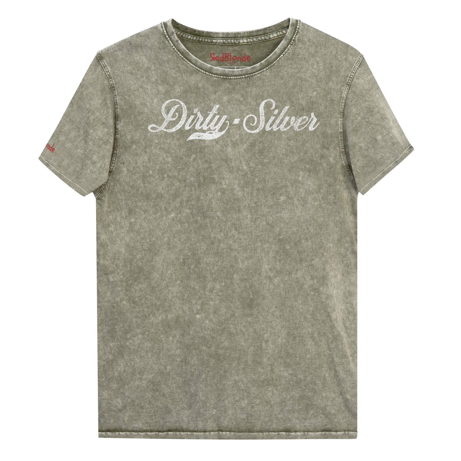 Flatlay of a army green unisex loose-fit denim wash t-shirt with vintage Coca-Cola-inspired milkstore script in white reading ‘Dirty Silver’ on the front. Branded RedBlonde on the inside neck and right shoulder in red
