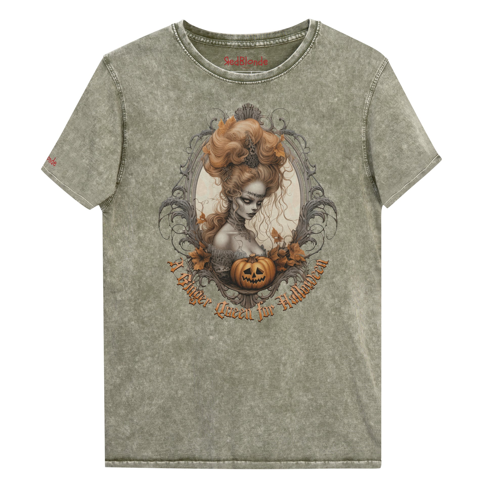 army green acid-wash unisex T-shirt featuring a gothic-style illustration of ginger-haired woman with an elaborate beehive hairstyle, framed by ornate scrollwork, autumn leaves, and a carved pumpkin. The design is captioned with the text ‘A Blonde Queen for Halloween’ in vintage Dark Angle lettering. Branded RedBlonde in red on inside neck and right sleeve