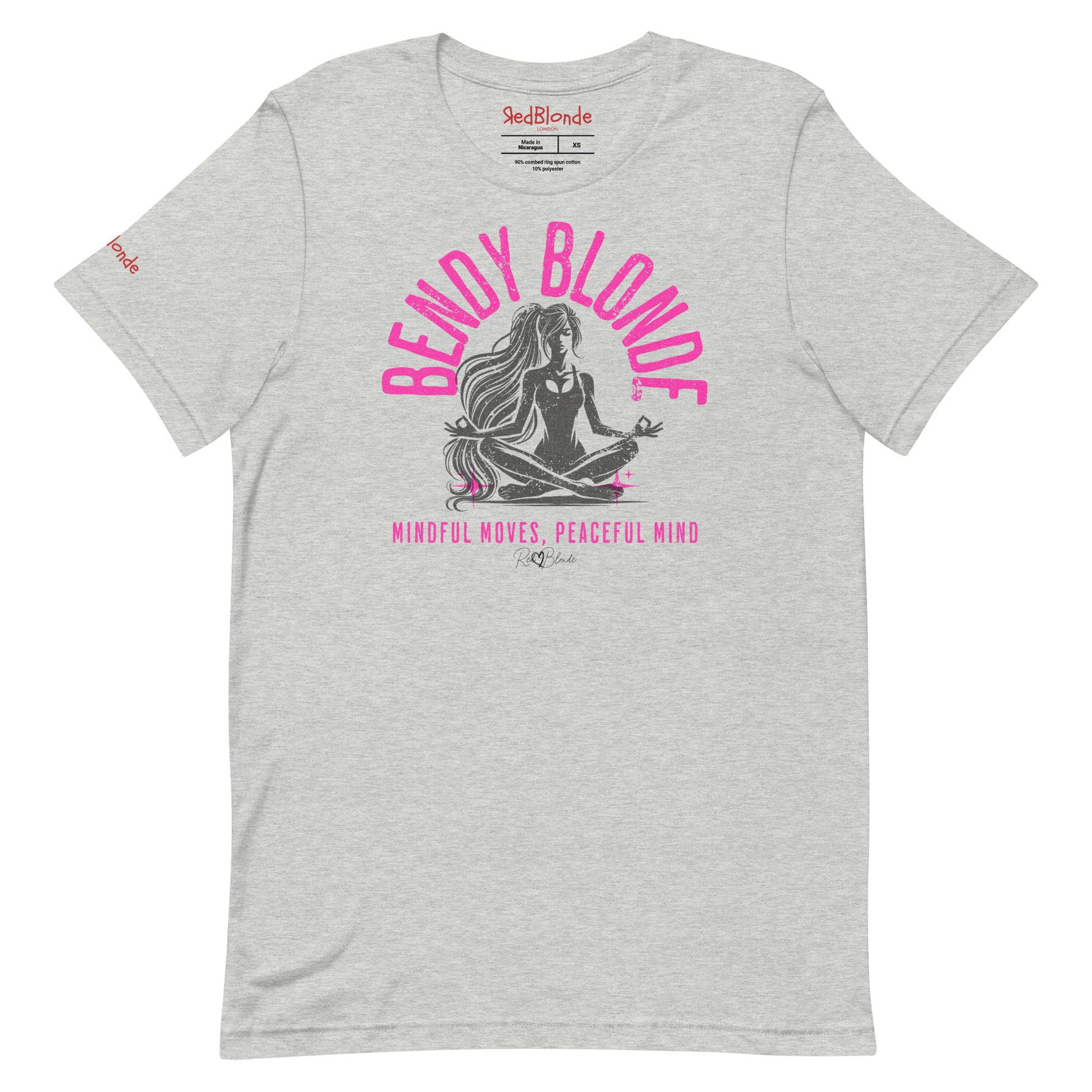 flatlay of athletic heather unisex graphic slogan t-shirt with 'BENDY BLONDE' in bright pink in a semi circle above a yoga posing cross-legged sitting women with the words 'mindful moves, peaceful mind' written underneath and signed RedBlonde. Branded RedBlonde London in red on inside neck and right sleeve 