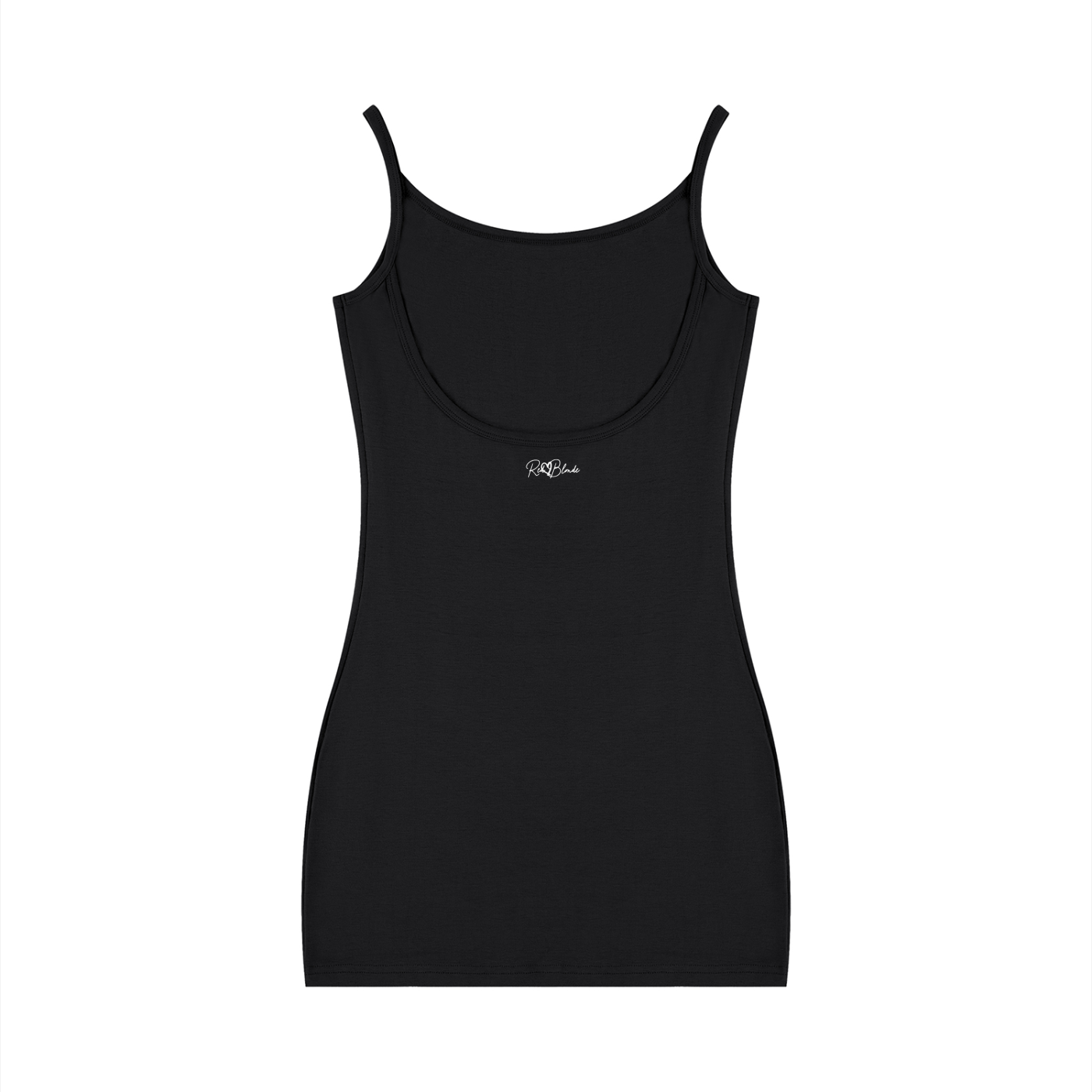 Black tank top with a redblonde brand logo on a white background