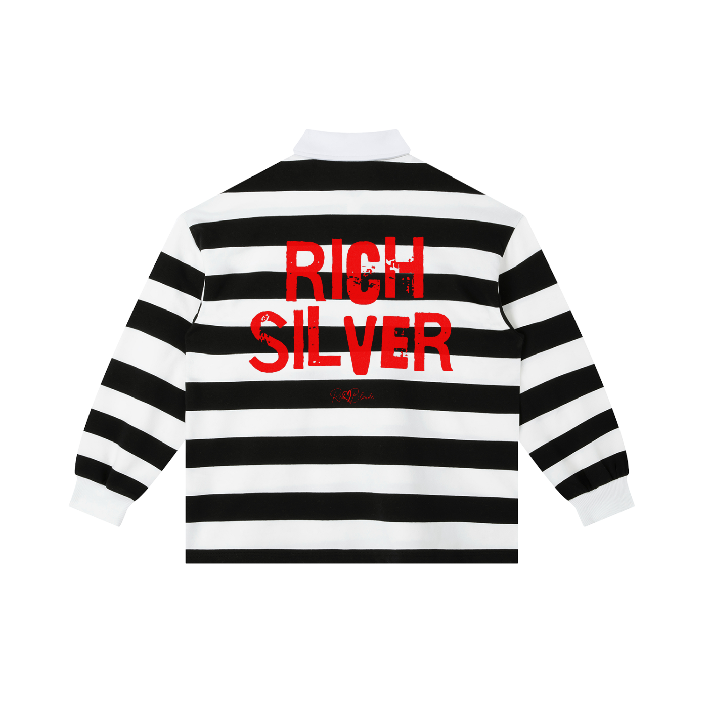 An image showing the back of a long-sleeved rugby polo shirt featuring a pattern of alternating horizontal black & white stripes. The center of the back displays the words "RICH SILVER" in large, distressed Ed Gein red block lettering, with a smaller signature-style logo printed directly underneath. The shirt is finished with a solid white collar and matching white ribbed cuffs.