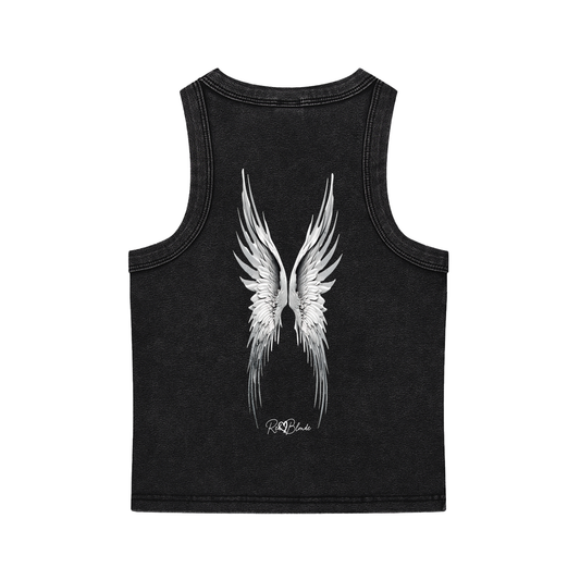black snow-washed tank t-shirt featuring detailed silver angel wings and the RedBlonde signature logo beneath the design.