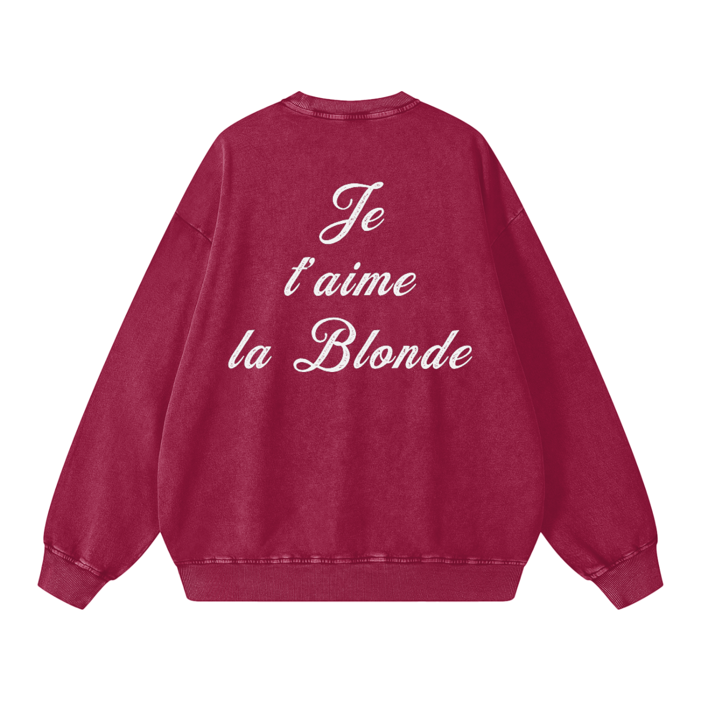 Red snow-wash oversized sweatshirt with a drop-shoulder fit, featuring a distressed “Je t'aime la Blonde" Milkstore script graphic across the back
