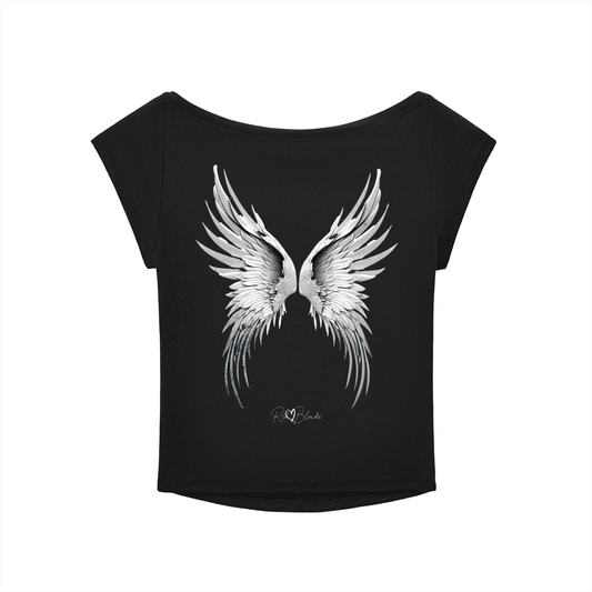 black wide-neck t-shirt featuring detailed silver angel wings and the RedBlonde signature logo beneath the design.
