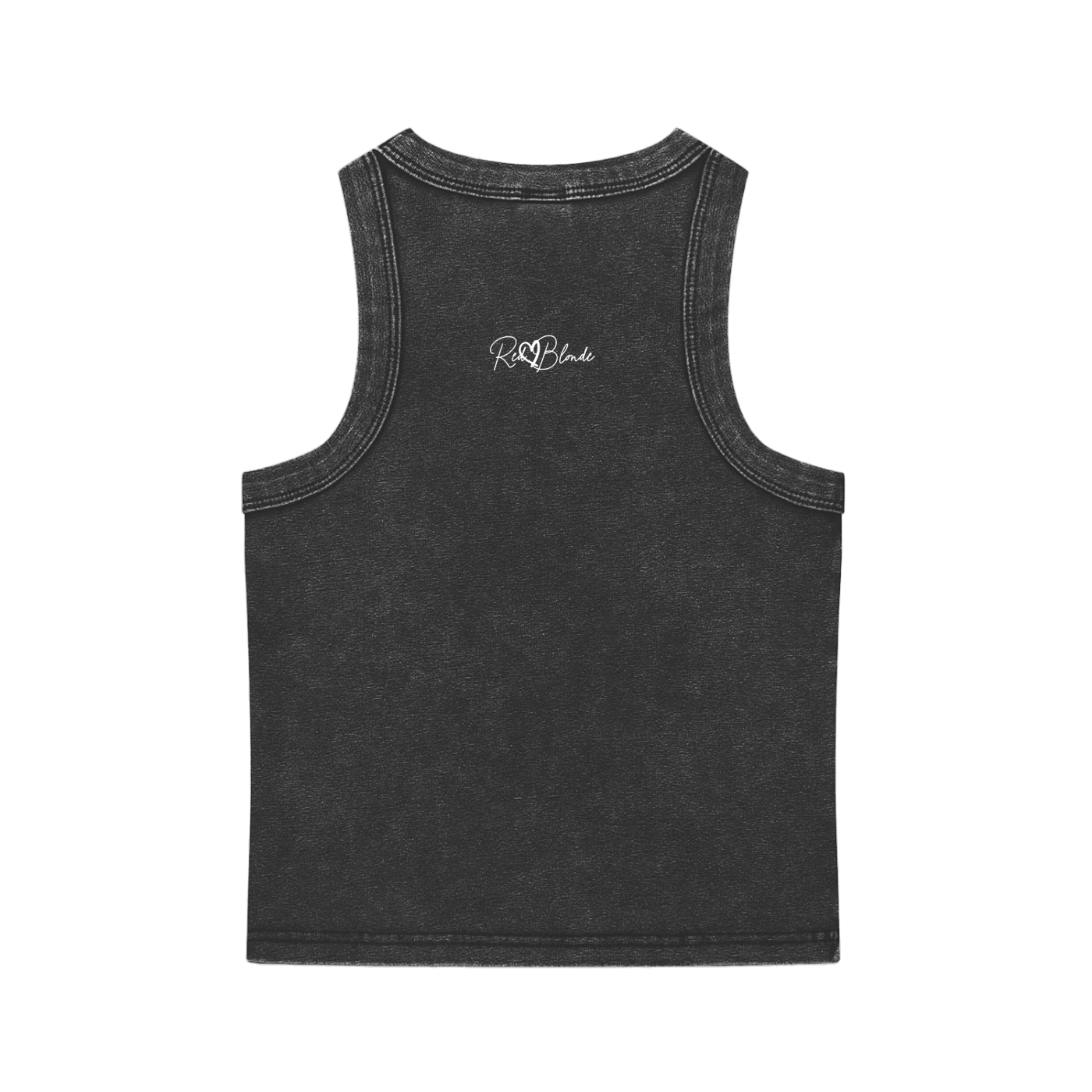 back view of Black snow-wash tank top with raw-edge seams featuring the RedBlonde signature logo underneath