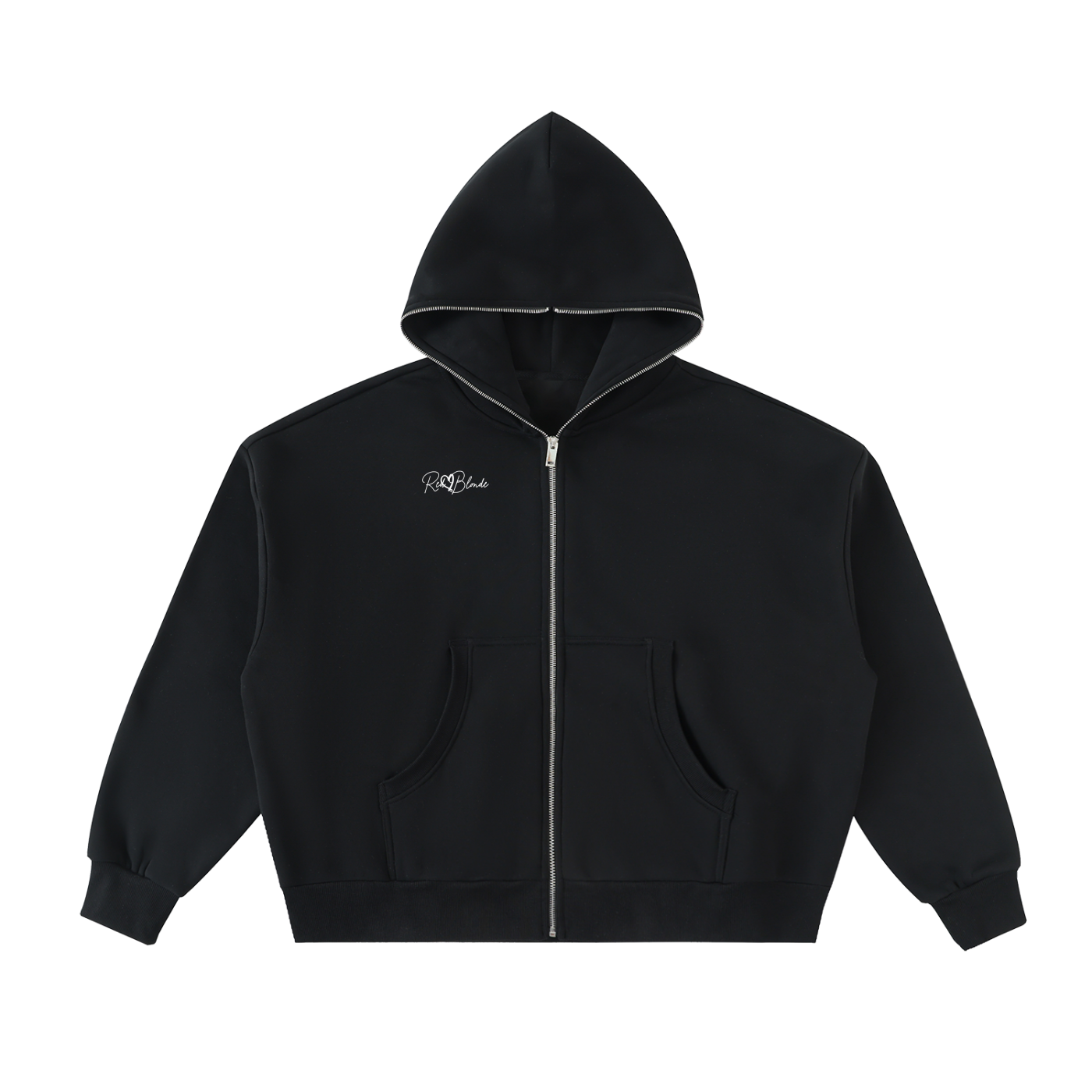 Black hoodie with a logo on a white background. Full hem to hood zip