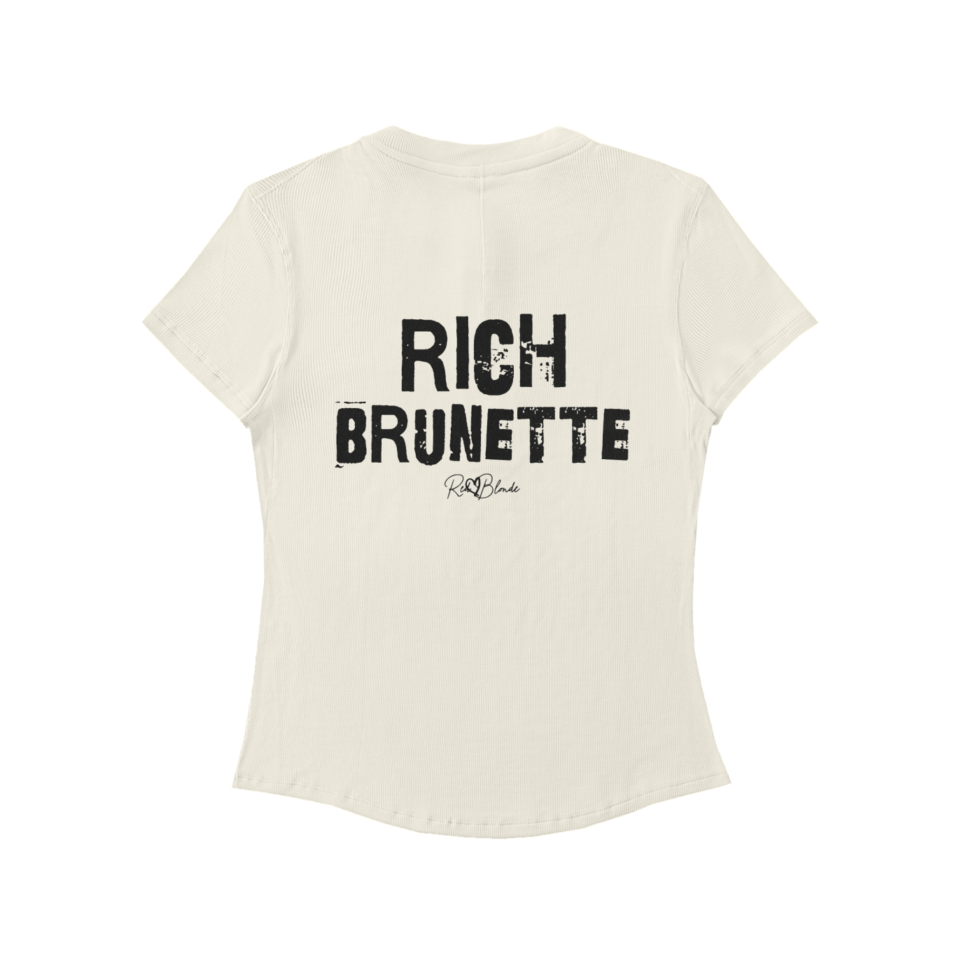Back view of a beige slightly fitted women’s henley T-shirt with short sleeves and a gently curved hem. Centered on the upper back is bold distressed black Ed Gein text reading “RICH BRUNETTE” with a small RedBlonde signature script logo beneath it. The shirt is shown on a plain white background.