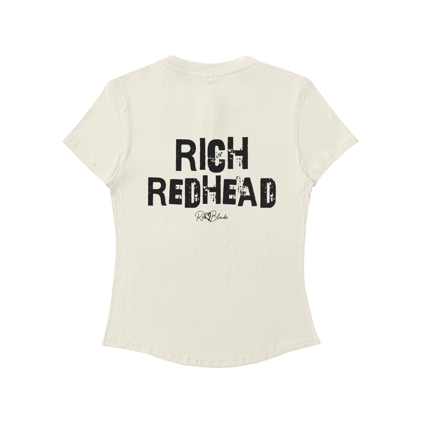 Back view of a beige slightly fitted women’s henley T-shirt with short sleeves and a gently curved hem. Centered on the upper back is bold distressed black Ed Gein text reading “RICH REDHEAD” with a small RedBlonde signature script logo beneath it. The shirt is shown on a plain white background.