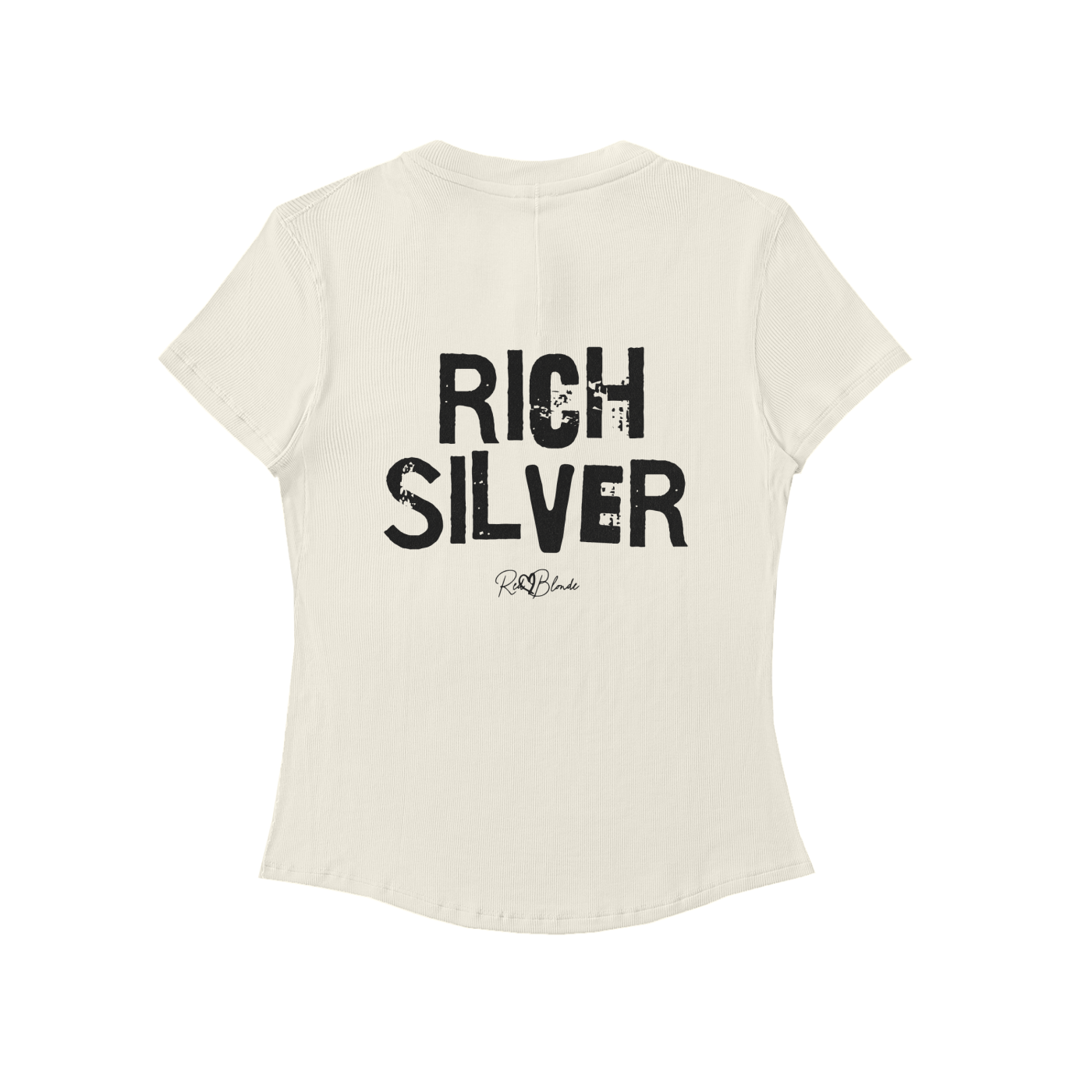 Back view of a beige, slightly fitted women’s henley T-shirt with short sleeves and a gently curved hem. Centered on the upper back is bold distressed black Ed Gein text reading “RICH SILVER,” with a small RedBlonde signature script logo beneath it. The shirt is shown on a plain white background.