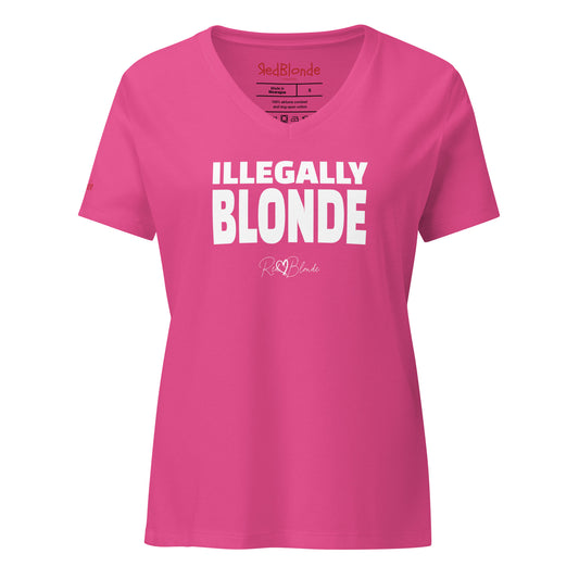 A berry pink women’s relaxed V-neck T-shirt featuring bold white text across the chest that reads “ILLEGALLY BLONDE" in black hans sans font. Beneath the main text is the RedBlonde signature logo in a smaller, cursive style. The shirt has short sleeves, a soft V-neckline, and a casual, comfortable fit. Branded RedBlonde on the inside neck and right sleeve