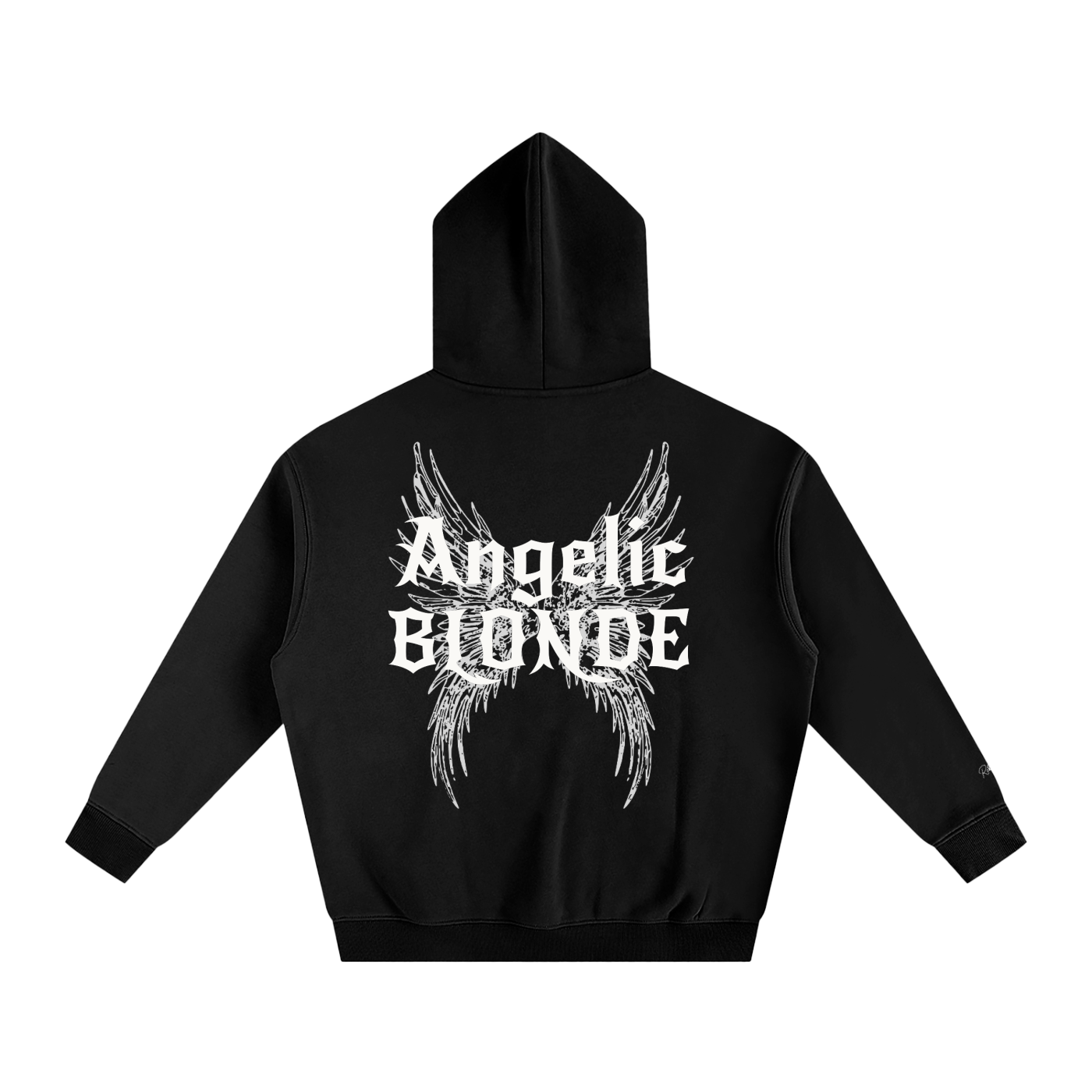 black oversized fleeced hoodie with a back print featuring white gothic “Angelic Blonde” text layered over large angel wing artwork.