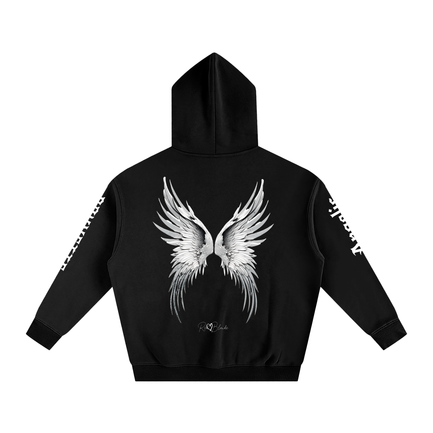 Back view of a black hoodie featuring large silver angel wings printed across the back, with white RedBlonde signature logo underneath. Each sleeve features gothic New Rockstar font graphic text  one sleeve says 'Angelic' and the other 'Brunette' 