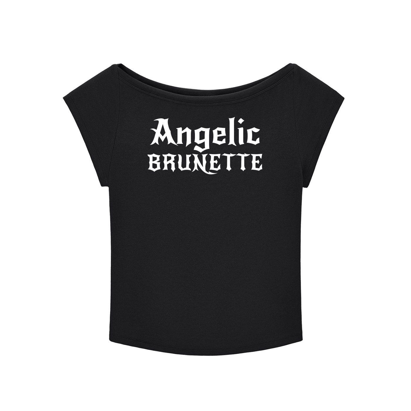 black wide-neck t-shirt with white gothic New Rockstar text reading “Angelic Brunette” across the chest.