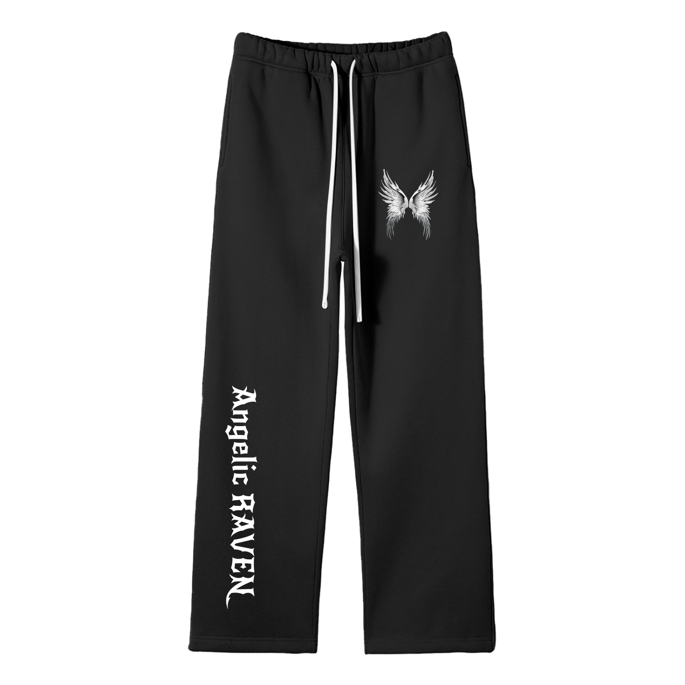 black straight-leg joggers with white drawstrings, featuring a small white angel-wing graphic on the upper left thigh and ‘Angelic Raven’ printed vertically down the right leg in New Rocker gothic style lettering, shown flat against a white background.
