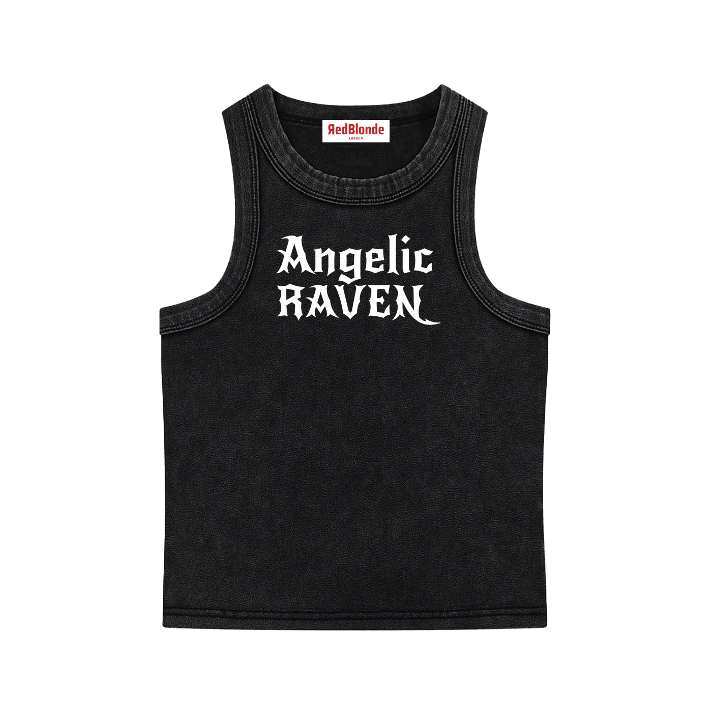 black snow-washed tank t-shirt with black gothic New Rockstar text reading “Angelic Raven” across the chest.