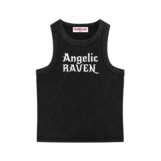 black snow-washed tank t-shirt with black gothic New Rockstar text reading “Angelic Raven” across the chest.