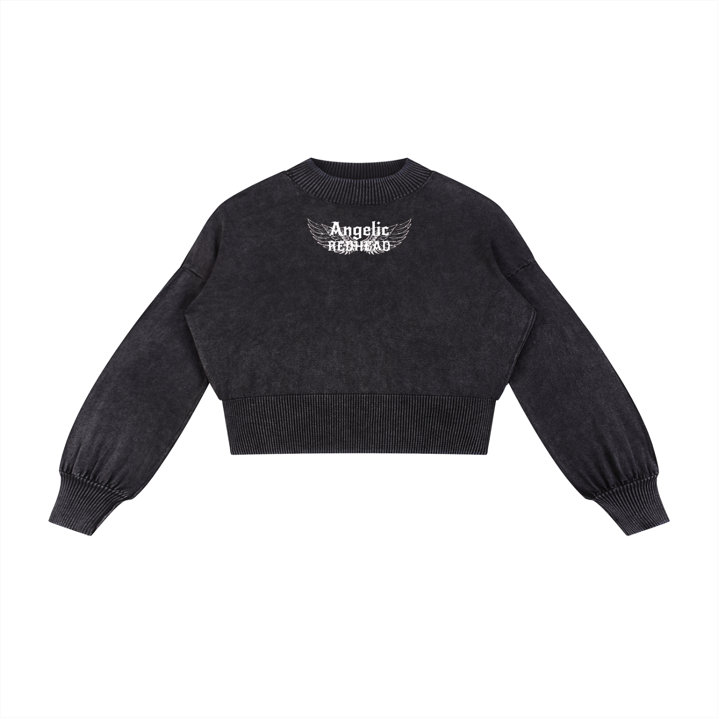 black mineral-wash cropped sweater with balloon sleeves, ribbed collar/cuffs/waistband, and a white “Angelic Redhead” wing graphic on the chest, shown on a white background.