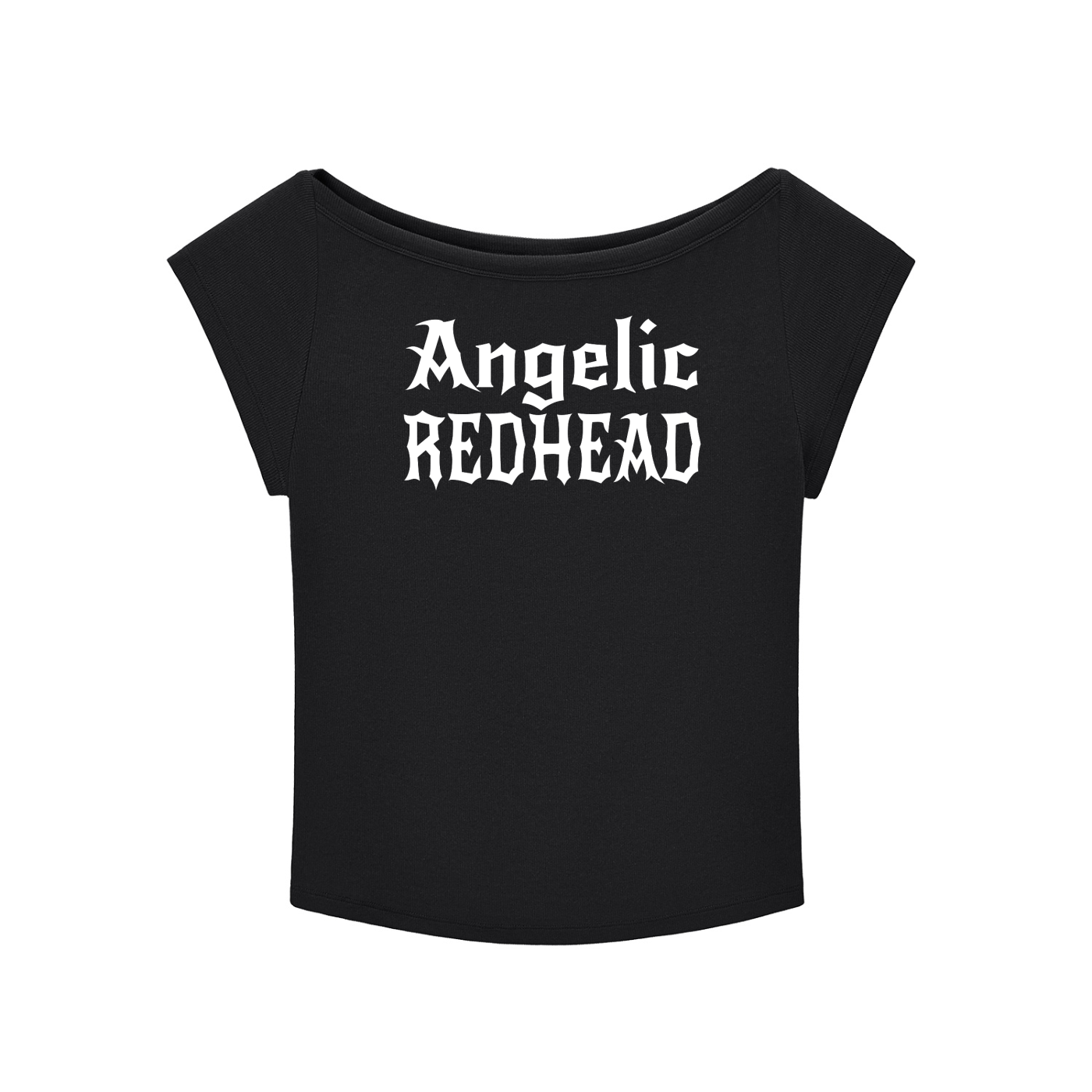 black wide-neck t-shirt with white gothic New Rockstar text reading “Angelic Redhead” across the chest.