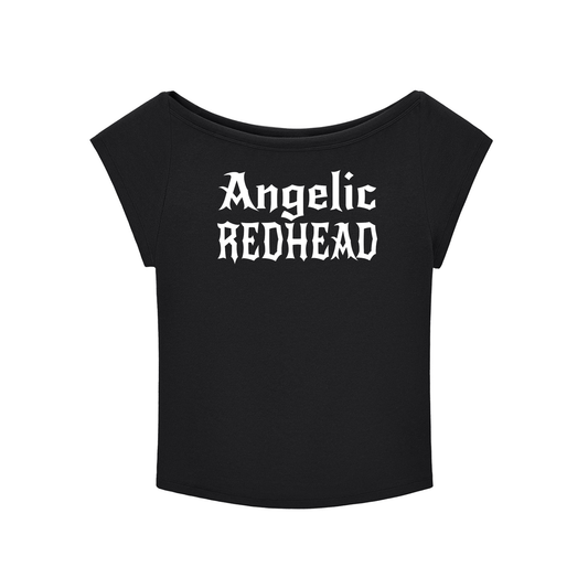 black wide-neck t-shirt with white gothic New Rockstar text reading “Angelic Redhead” across the chest.
