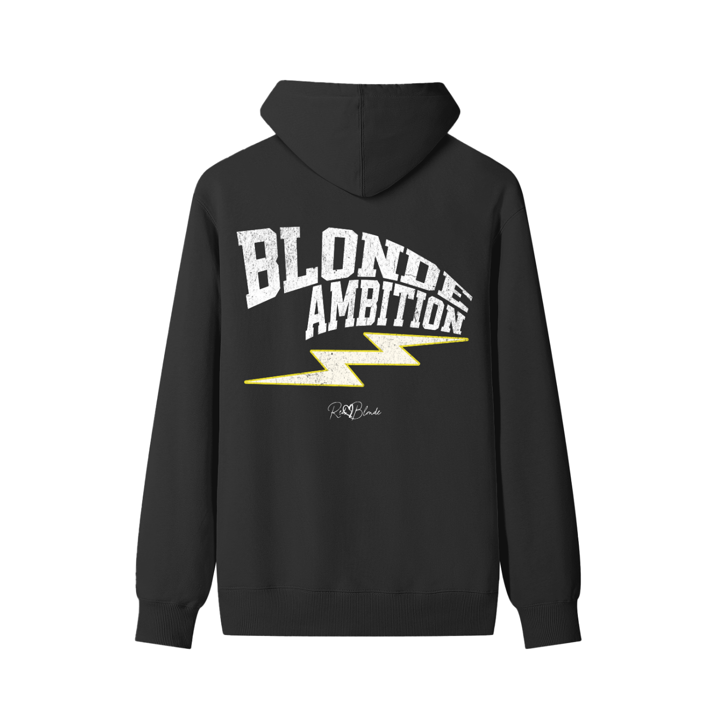 Black hoodie featuring bold white vintage-textured TRICOT font lettering that reads “Blonde Ambition” across the back, with a yellow lightning bolt graphic underneath and the RedBlonde signature logo printed below.