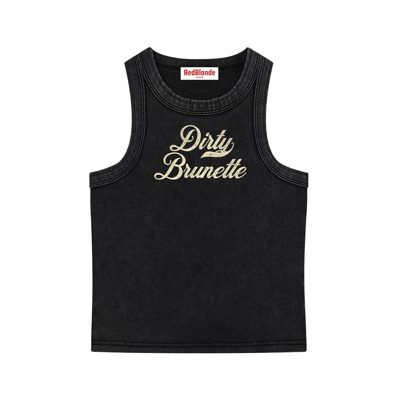white snow-wash tank top with raw-edge seams and the phrase ‘Dirty Brunette’ printed in vintage Milkstore lemon font across the chest,