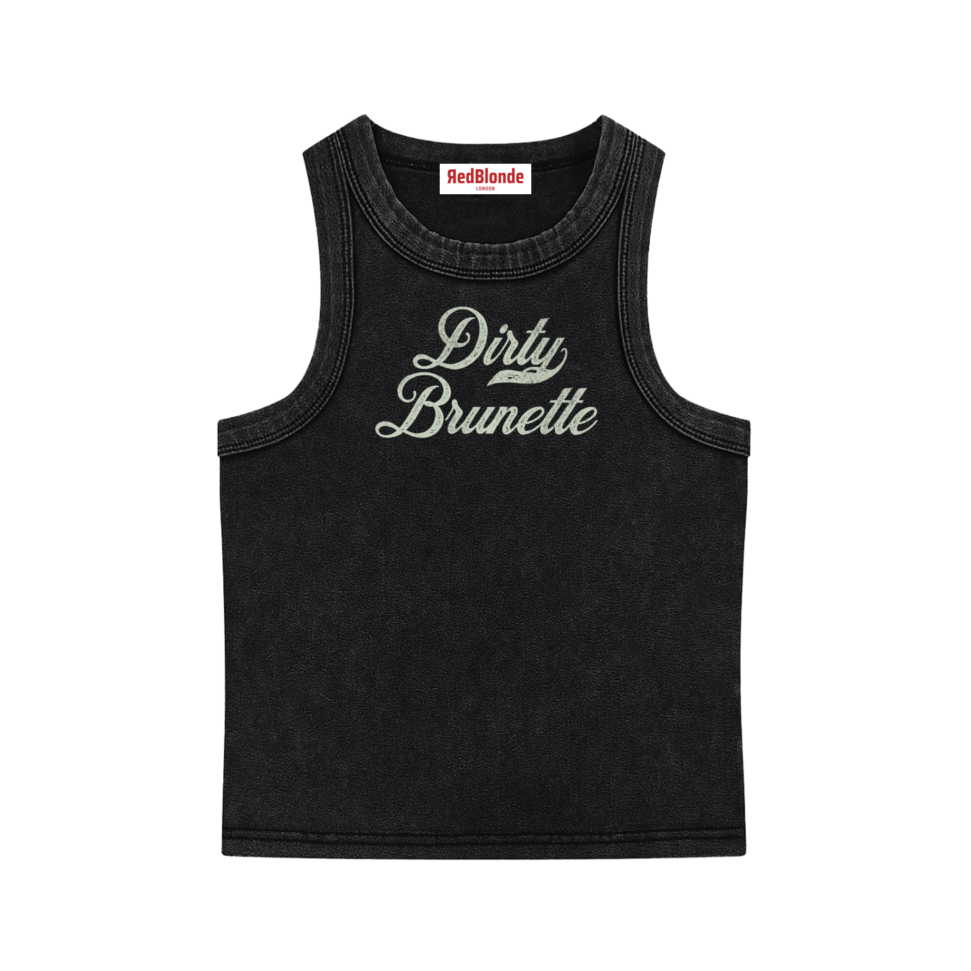 black snow-wash tank top with raw-edge seams and the phrase ‘Dirty Brunette’ printed in vintage Milkstore pale green font across the chest, featuring the RedBlonde logo underneath