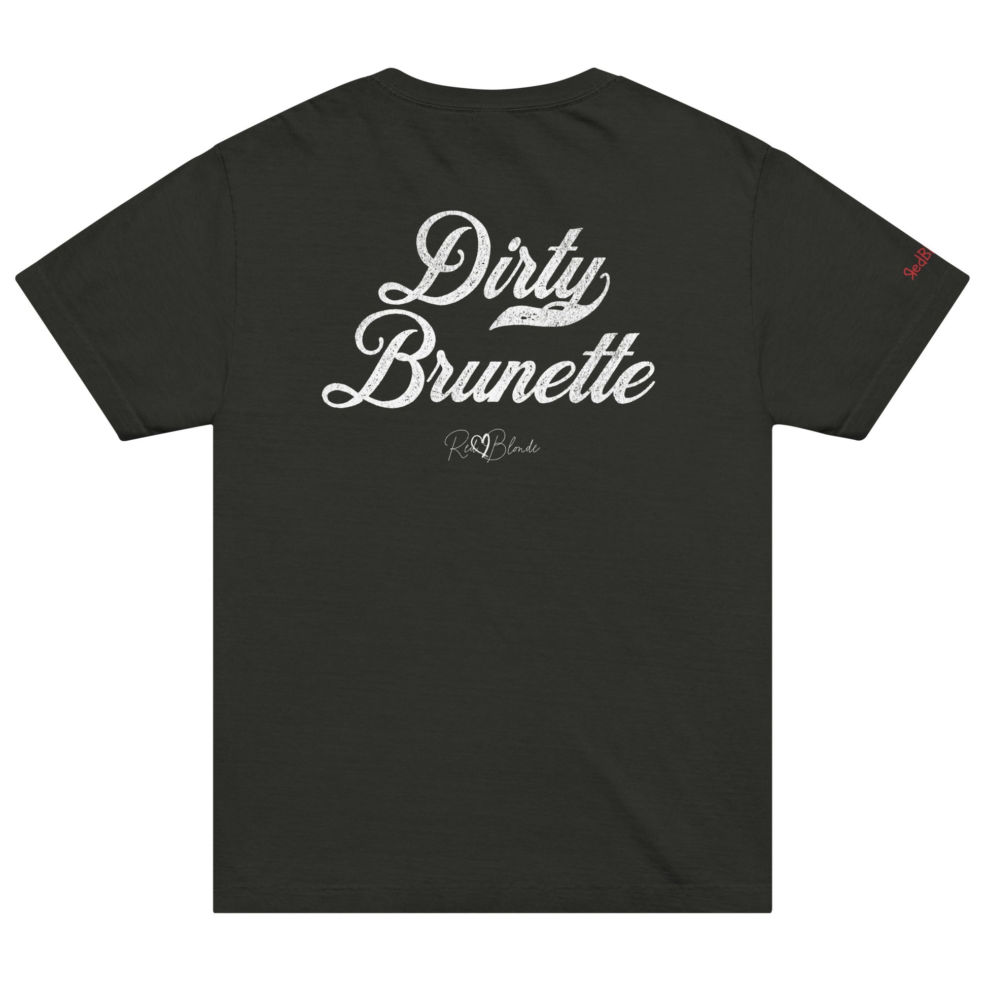 Back view of a black vintage wash oversized unisex T-shirt with bold black Milkstore 01 vintage-style script reading “Dirty Brunette” and the RedBlonde signature logo beneath, plus a small RedBlonde logo detail on the right sleeve. 