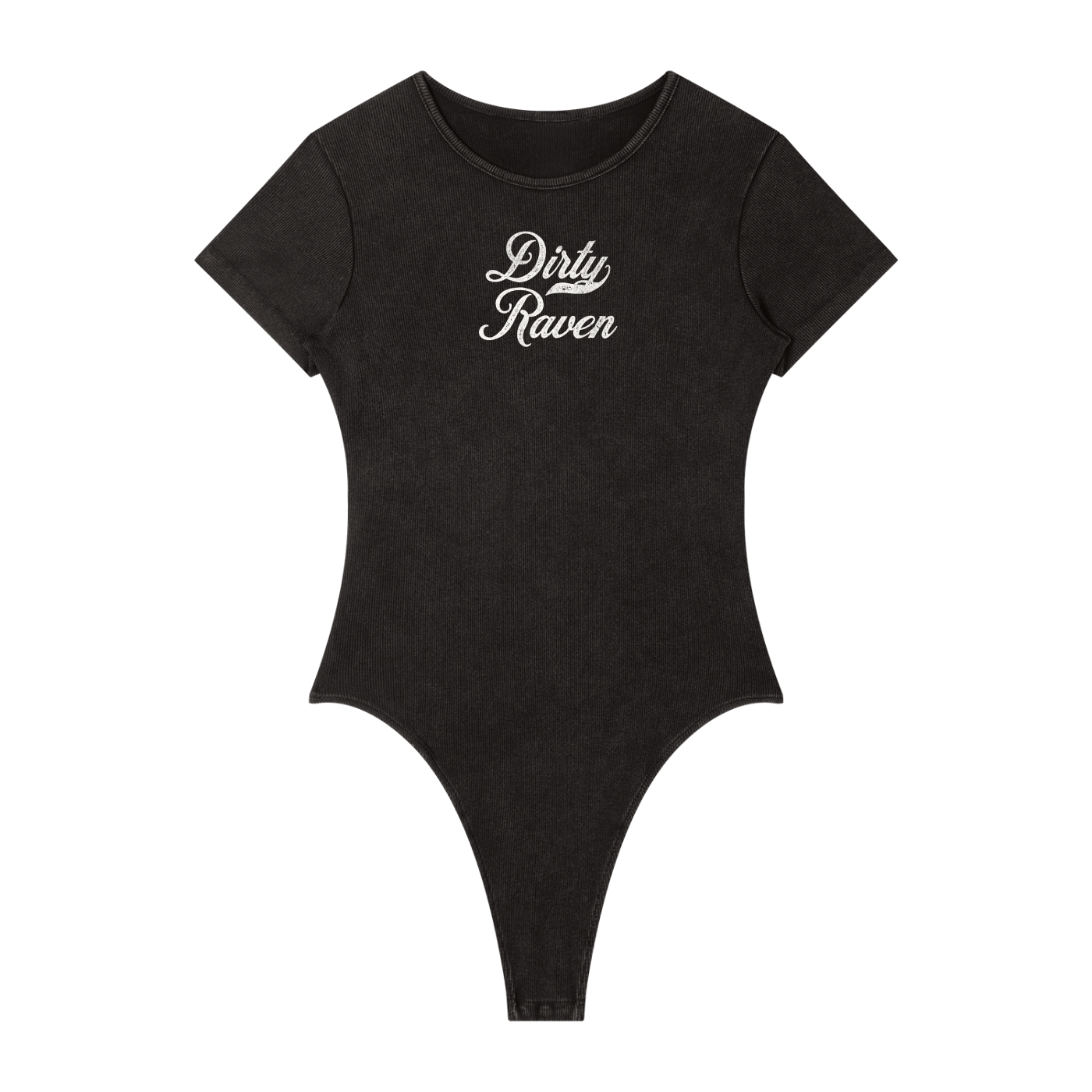 Washed charcoal ribbed short sleeve bodysuit with a crew neckline and white Dirty Raven Milkstore font graphic at the chest.