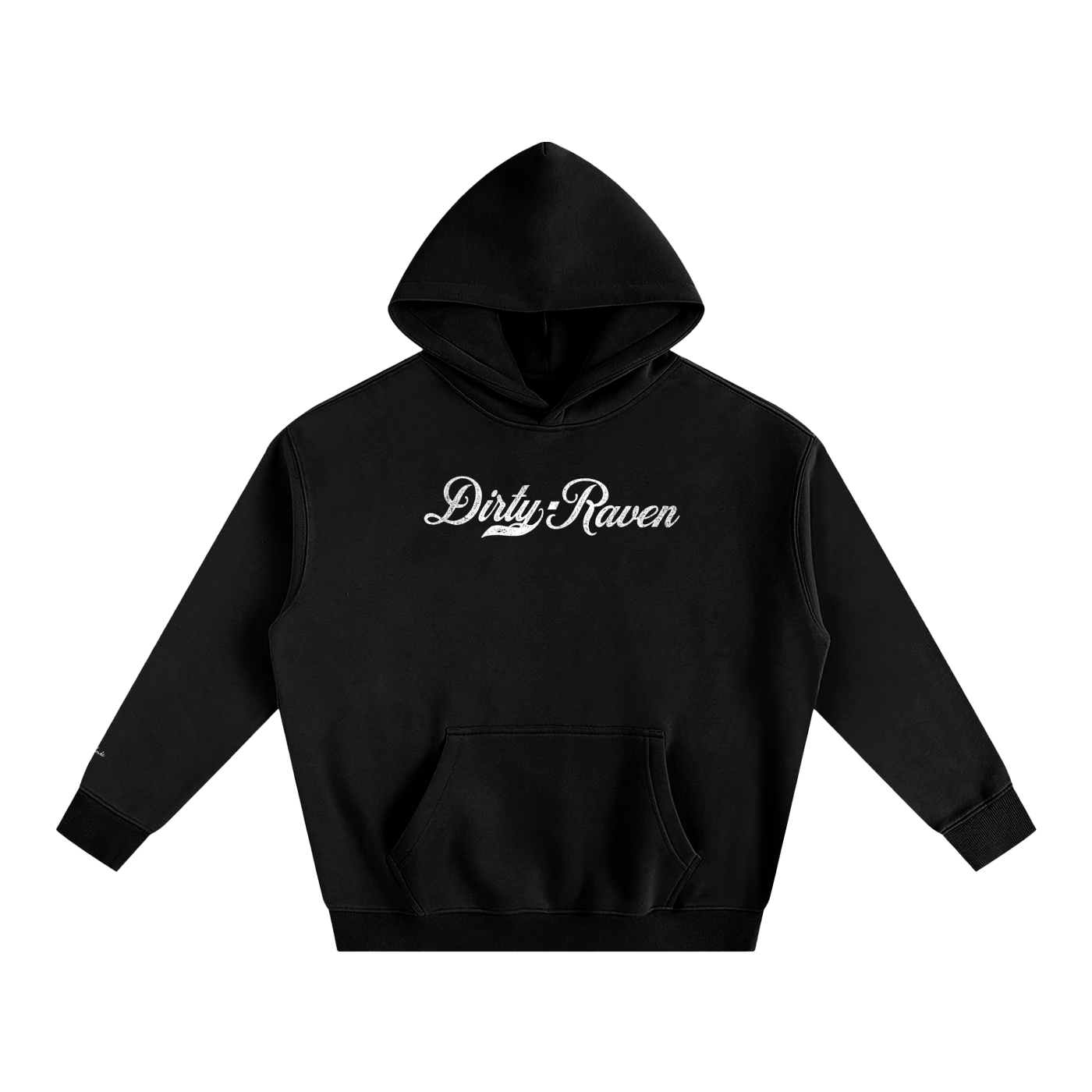 A black pullover hoodie laid flat on a white background. It has a kangaroo front pocket and ribbed cuffs and hem. Across the chest is white Milkstore 01 script text reading “Dirty Raven.”