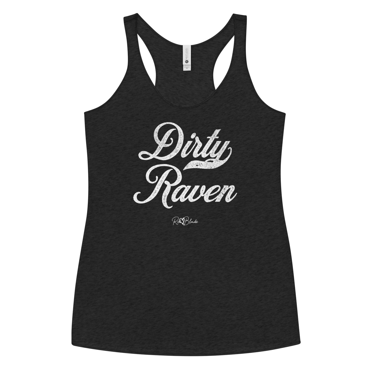 a black women's racerback tank with the playful slogan ‘Dirty Raven’ in white milk-store font, signed off RedBlonde.