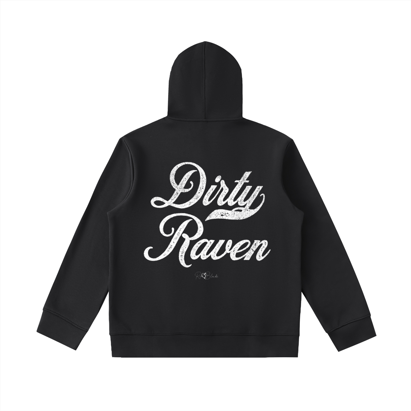 Back view of Black hoodie with bold white Milkstore vintage-style script text “Dirty Raven” across the back and a subtle RedBlonde signature logo underneath.