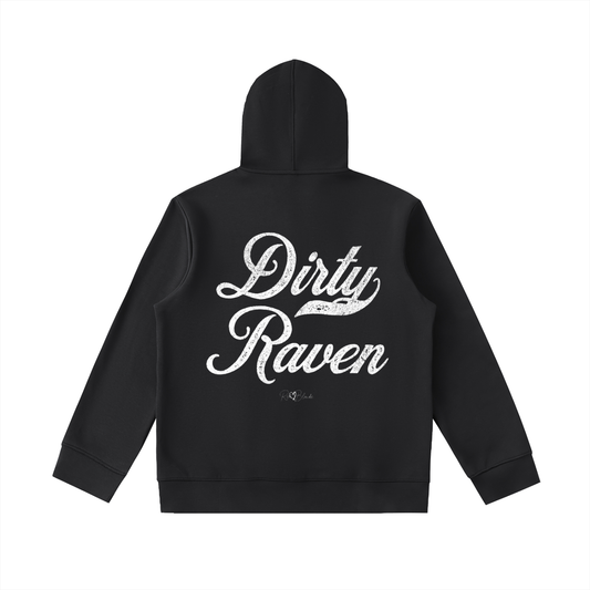 Back view of Black hoodie with bold white Milkstore vintage-style script text “Dirty Raven” across the back and a subtle RedBlonde signature logo underneath.