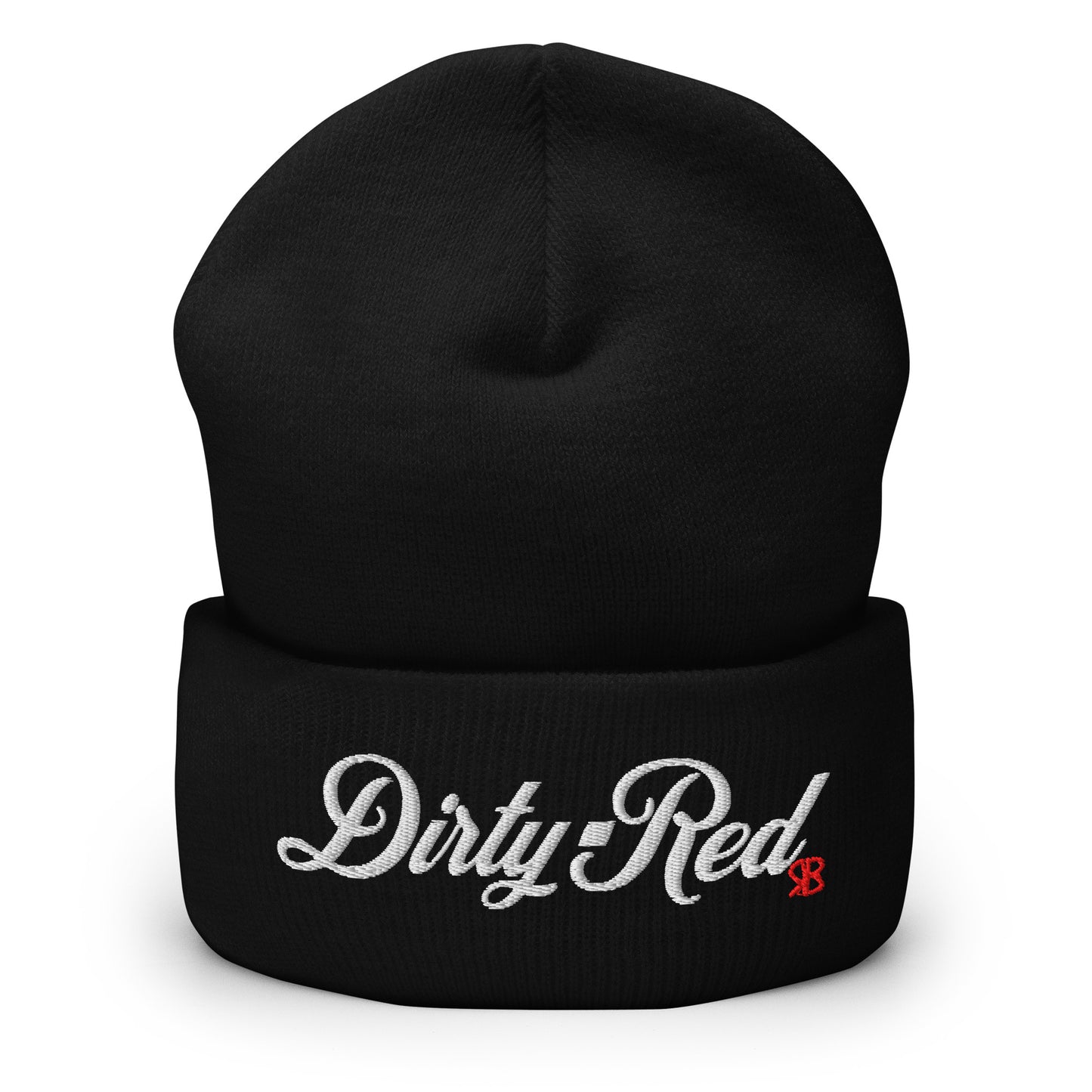 black knitted beanie with the embroidered phrase “Dirty Red” in white script and a small red RB logo on the fold-over cuff, displayed against a clean white background.